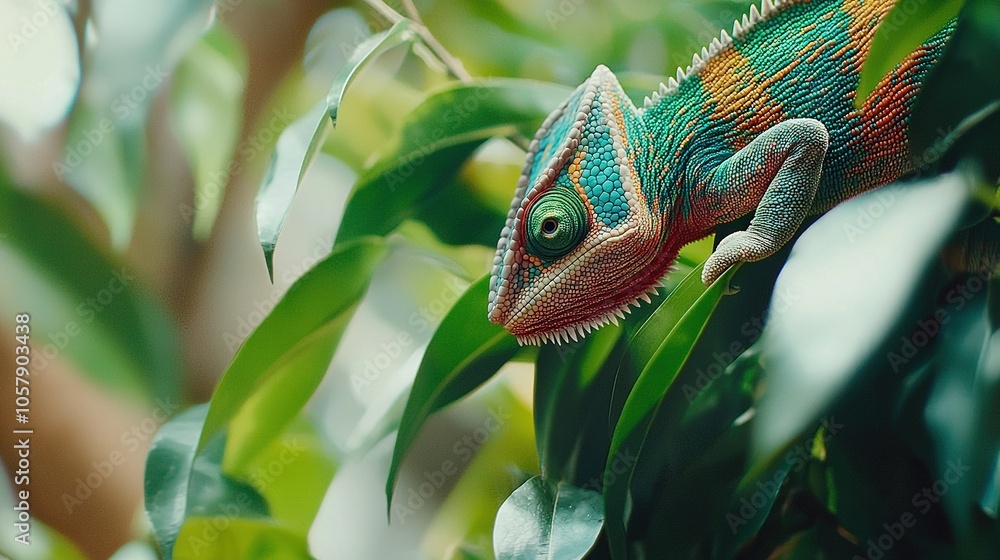 Poster a chameleon perched on a leafy branch with distinct green foliage and a sharp background