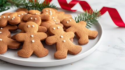 Festive Gingerbread Man Cookies on White Plate with Holiday Decor and Red Ribbon Background