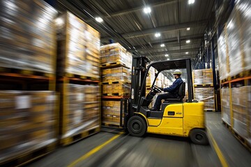 Nighttime warehouse efficiency: a forklift navigates stacked pallets. Generative AI