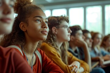 Diverse group of students attentively listening in a classroom during a collaborative learning session