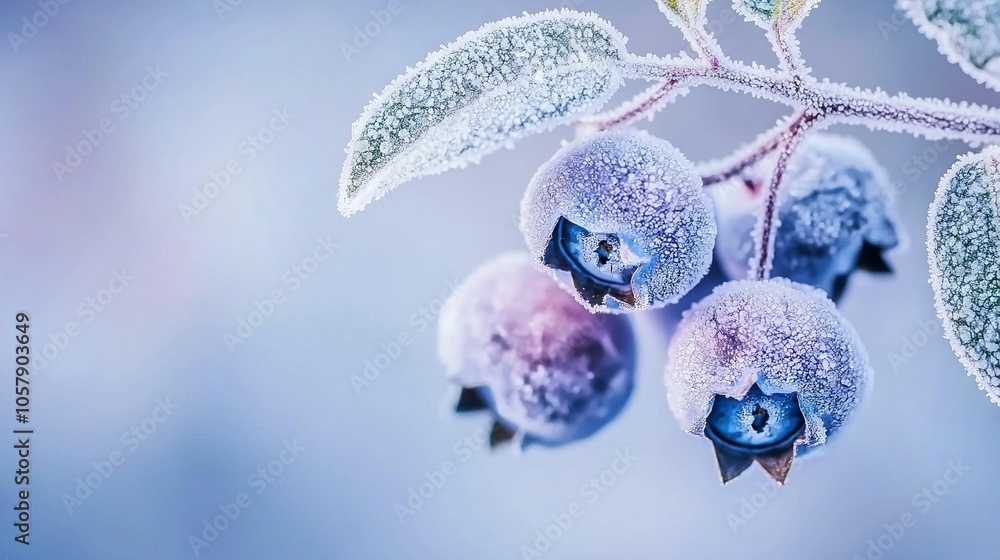 Poster a zoom-in of blueberries on a frozen branch with leaves surrounding them