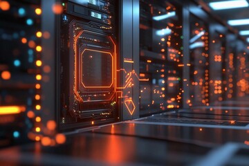 Futuristic data center with glowing circuits and intricate technology in action. Generative AI