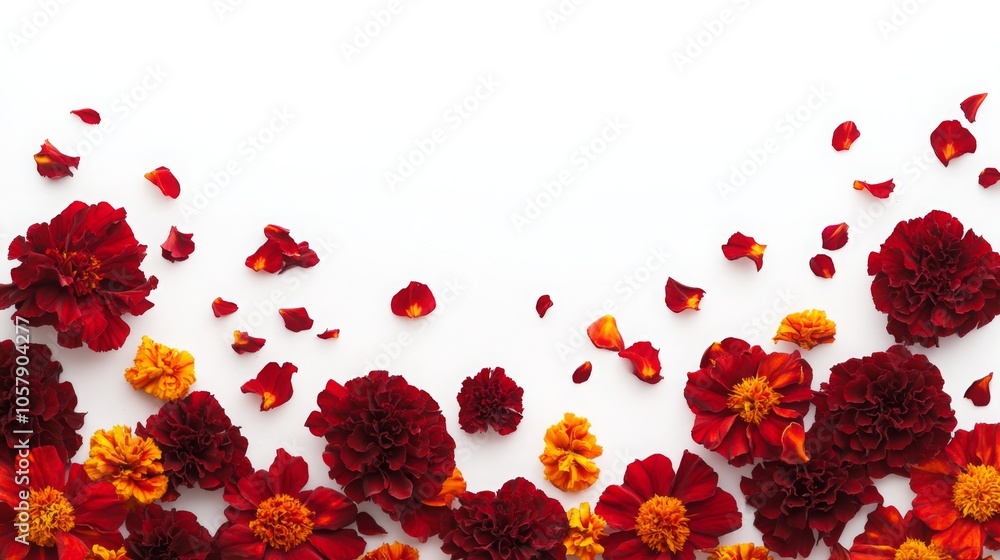 Poster A white background features red and orange flowers scattered across its surface. The flowers are spread out in a random pattern. The image has a simple aesthetic.