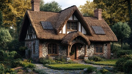 Fototapeta premium Charming thatched-roof cottage nestled in a lush garden surrounded by trees.