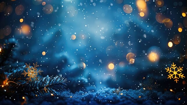 Abstract magic blue holiday background with twinkling stars, snowflakes, and blurred Christmas lights.