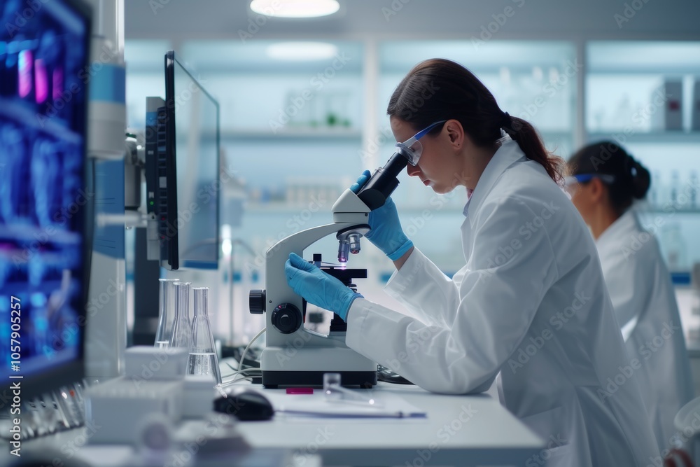 Aufkleber research team of scientists examining samples under microscopes in a modern laboratory setting