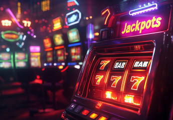 Close-up of a slot machine displaying triple sevens, indicating a jackpot win. Neon lights and casino ambiance in the background.

