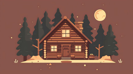Fototapeta premium A wooden cabin nestled in a snowy forest. The cabin has a warm, inviting glow from the inside. The moon is shining brightly in the sky.