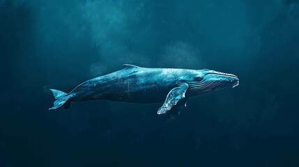 Fototapeta premium A majestic blue whale glides gracefully through the deep ocean, its enormous body and long flippers cutting through the water with elegance.