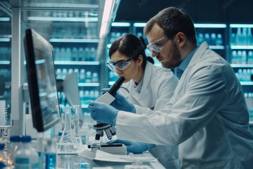 Aufkleber research scientists examine samples using a microscope in a high-tech laboratory during a collaborat