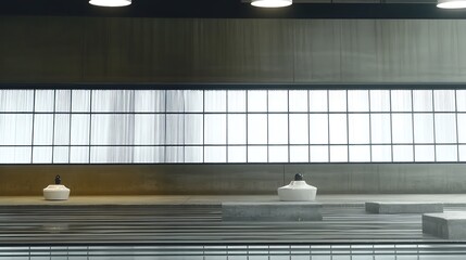 Modern Minimalistic Concrete Coworking Office room with Blank Walls, High Ceilings,and Mockup Frame