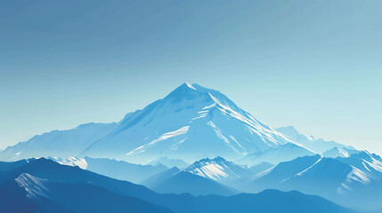 The image is of a snow-capped mountain range. The sky is clear and blue, with a few clouds dotting the horizon. The mountains are covered in snow.
