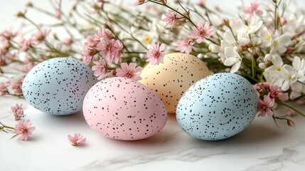 Obraz premium Playful Easter Egg Arrangement with Speckled Pastels and Pink Flowers on White Background, Bringing Festive Cheer to Holiday Cards and Easter-Themed Decorations