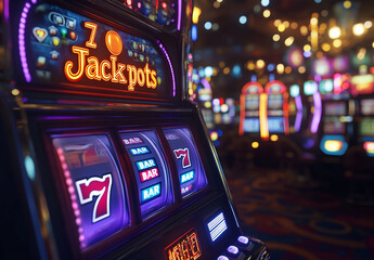 Close-up of a slot machine displaying triple sevens, indicating a jackpot win. Neon lights and casino ambiance in the background.

