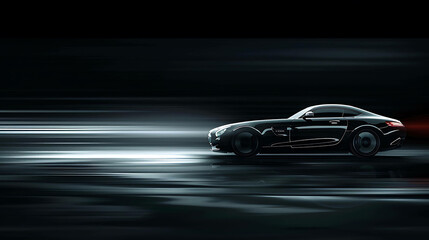 A sleek black sports car speeds through the night. The car is blurred, and the background is in focus. The car is lit by a few streaks of light.