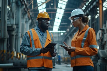 Engineers discuss safety protocols while walking through a steel manufacturing facility in broad daylight