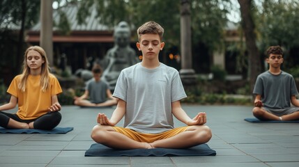 A group of children practicing yoga and meditation outdoors in a serene garden setting with a statue in the background, seated in a cross-legged position with eyes closed.