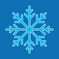 Fototapeta premium Simple single Snowflake icon sign symbol vector illustration isolated on a blue background. Christmas icon. Abstract snow logo frost cold weather. Winter precipitation. Flat blue snowflake symbol. EPS
