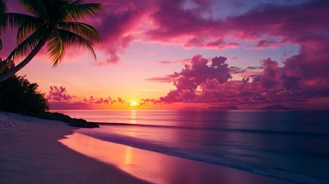 A beautiful sunset over a tropical beach, casting a pink glow on the sand and waves