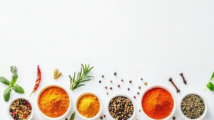   A white table topped with bowls containing various spice types and a pepper shaker brimming with spices