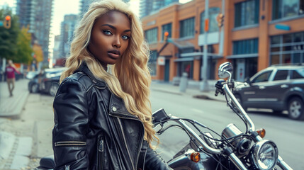 A beautiful blonde biker woman stands next to a red bike. A woman in a leather jacket is standing next to a motorcycle.