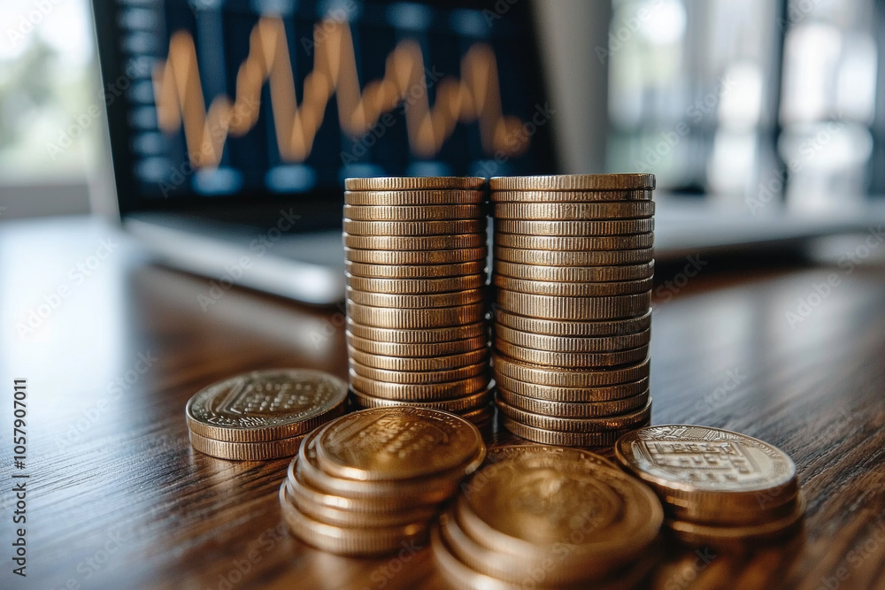Poster stacks of coins with graph chart in background, symbolizing financial growth and investment strategi