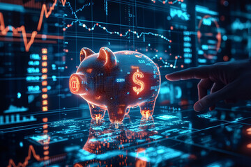 glowing piggy bank with dollar signs, surrounded by financial data and graphs, symbolizes savings and investment opportunities in digital world