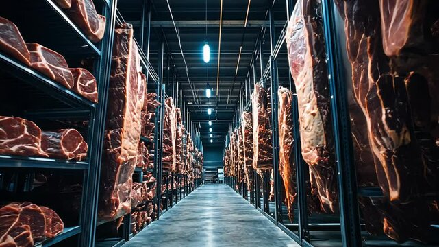 Rows of beef hang in a large, industrial-style meat processing facility
