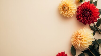 Obraz premium Bright dahlias in shades of red and yellow are artistically arranged on a soft beige surface, highlighting their intricate petal formations and lush green leaves, creating a cheerful atmosphere.