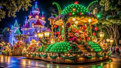 Vibrant festival float decorated with lights and flowers during nighttime event
