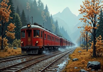 Obraz premium Vintage train traveling through autumn landscape with mountains and trees
