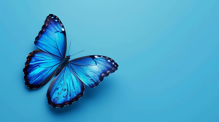 A stunning closeup of a blue morpho butterfly with its wings spread, isolated on a blue background.