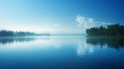 Tranquil lake with a small island covered in green trees in the middle. The sky is clear with a few white clouds.
