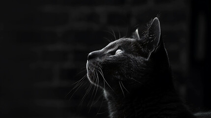 A black cat sits in front of a dark background, staring off into the distance with an air of mystery and intrigue.