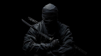 A dark and mysterious ninja, dressed in black, with his face hidden by a mask, is sitting in a seiza position, ready to strike.