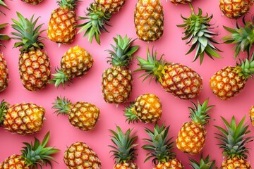 Fototapeta premium Colorful fruit pattern of fresh pineapples on pink background. From top view