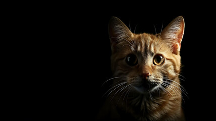 Obraz premium A ginger cat sits in the dark, its eyes wide and alert. The cat's fur is illuminated by a single spotlight, which creates a dramatic effect.