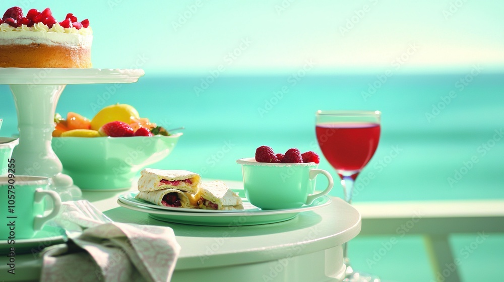 Poster a slice of cake on a plate beside a teacup and an array of fruits on a table