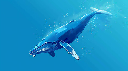 A majestic blue whale swims gracefully through the deep blue ocean. The whale's enormous size and gentle movements are a sight to behold.