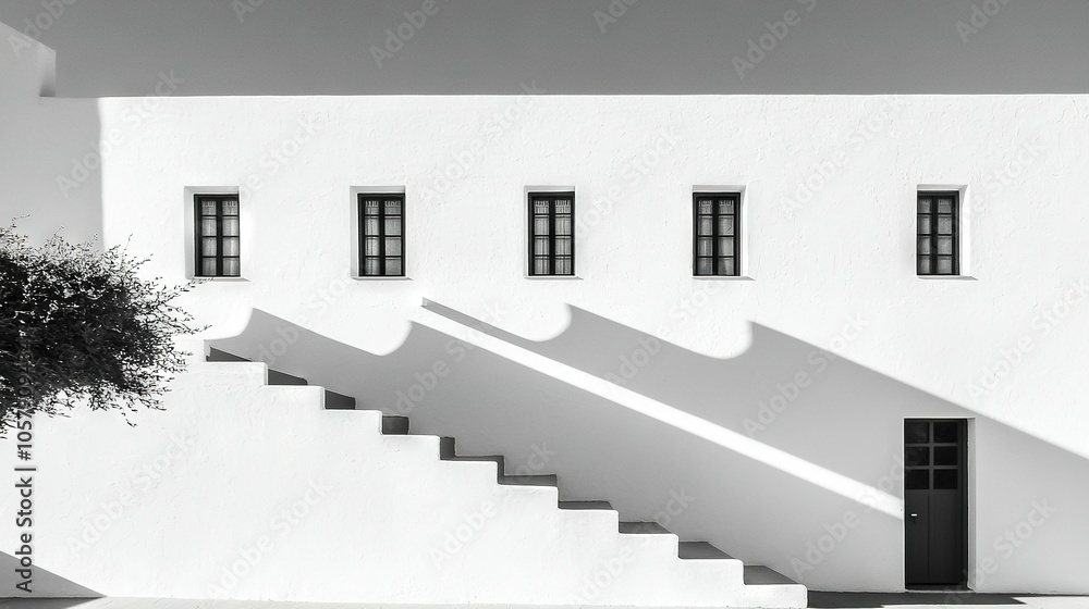Poster a monochrome snapshot of a structure featuring a tree in the foreground and a stairway ascending to 