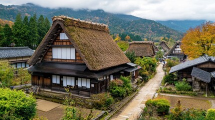 Traditional Japanese village with thatched-roof houses surrounded by mountains and greenery.