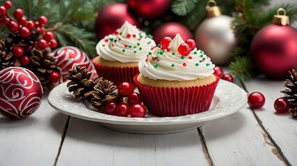 A plate of Christmas cupcakes topped with whipped frosting and red decorations, surrounded by holiday ornaments and pine branches, capturing holiday cheer.
