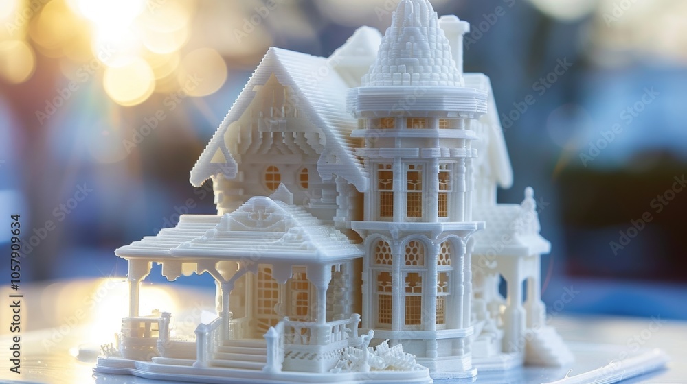 Poster white plastic model house on a table with warm bokeh lights. showcasing intricate details and symbol