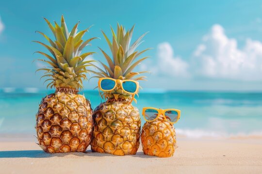 Funny pineapple family in sunglasses on tropical beach vacation.