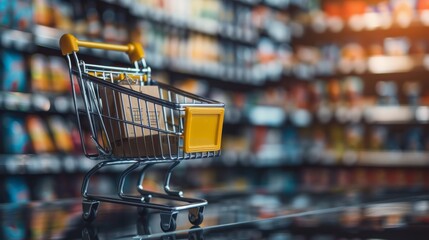 Mini shopping cart with cardboard boxes in a supermarket aisle