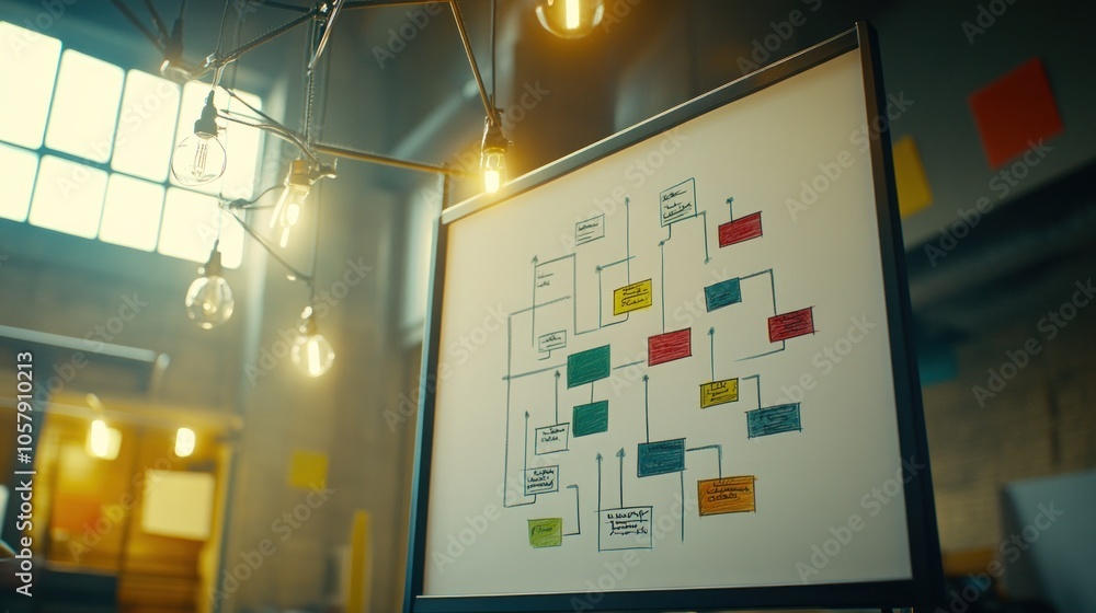 Poster whiteboard with a flowchart and sticky notes in an office.