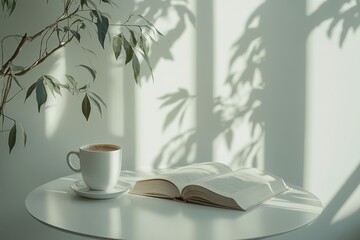 A tranquil morning with a cup of coffee and an open book on a sunlit table