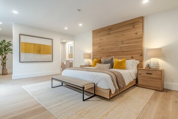 Modern bedroom with wooden accents and natural light, designed for comfort and relaxation