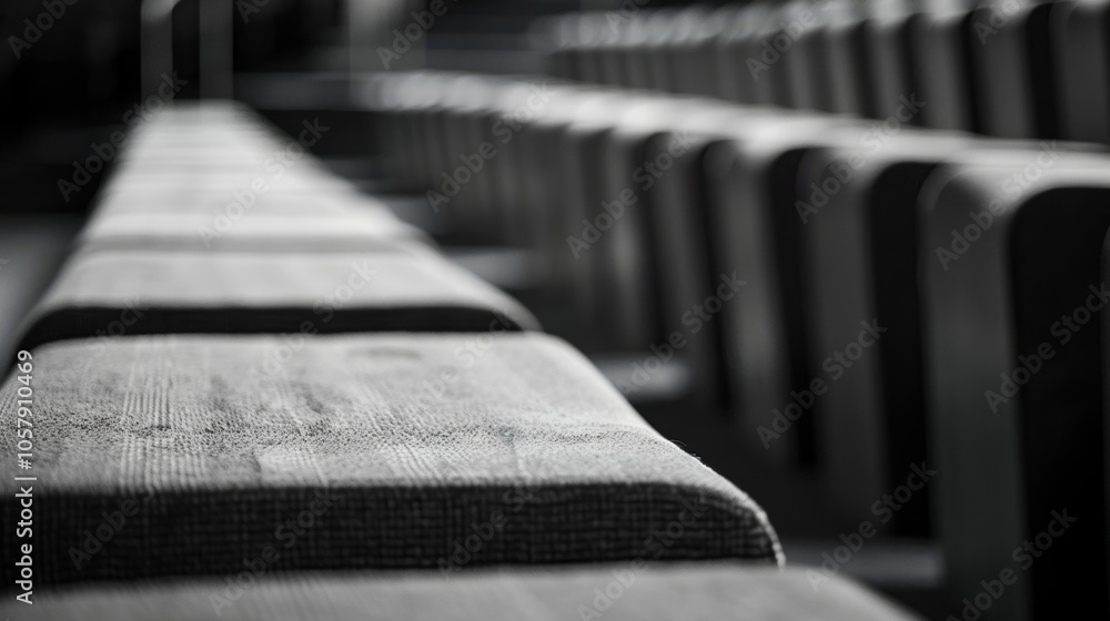 Poster empty seats in a modern auditorium create an abstract pattern, evoking anticipation for a gathering