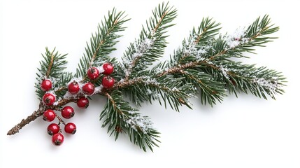 Snow-Dusted Fir and Red Berry Branches for Christmas Decoration on White Background